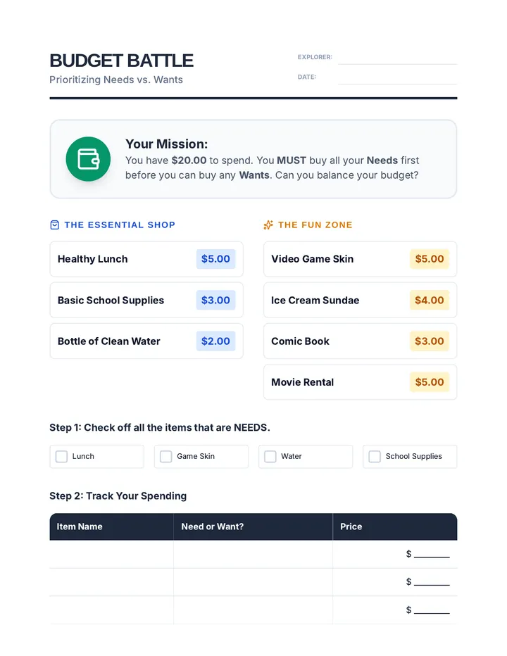 Budget Battle Worksheet