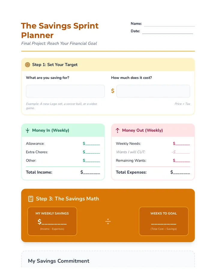 Savings Goal Sprint Worksheet