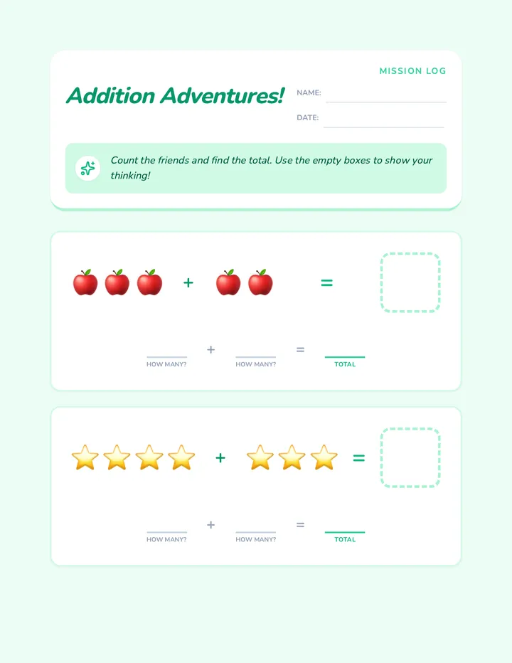 Addition Adventures Worksheet