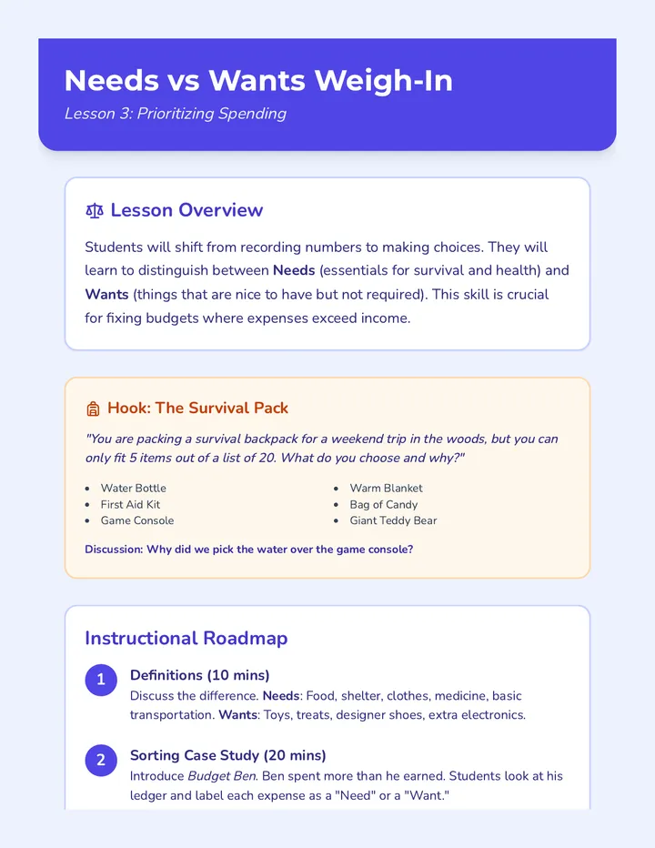 Needs Wants Weigh-In Teacher Guide