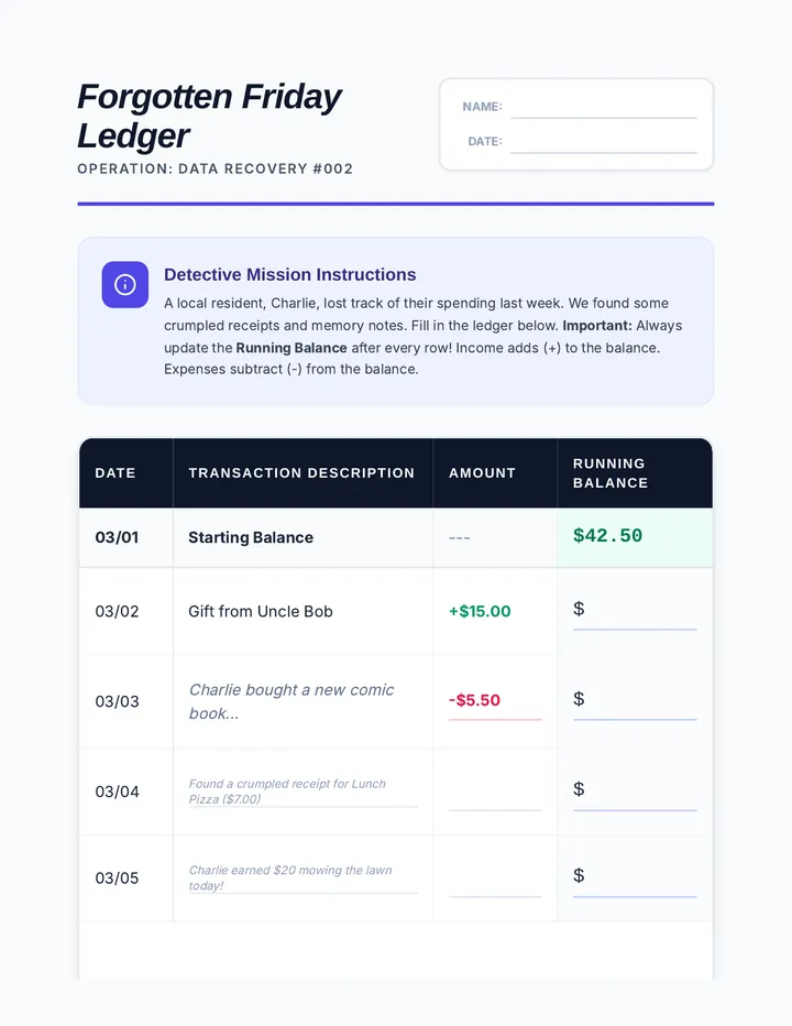 Forgotten Friday Ledger Worksheet