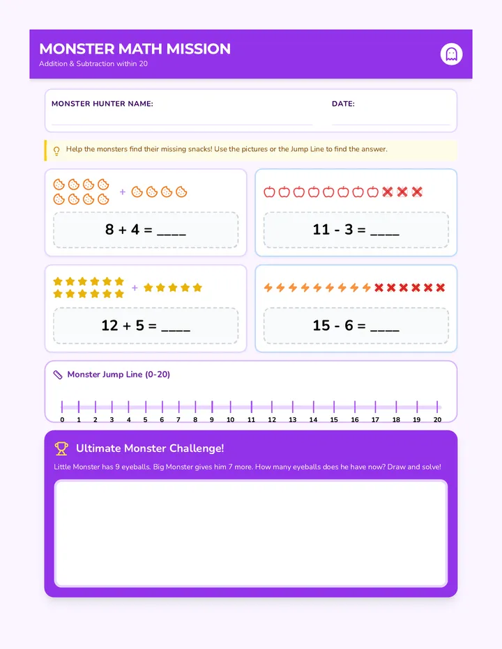 Monster Math Mission Worksheet