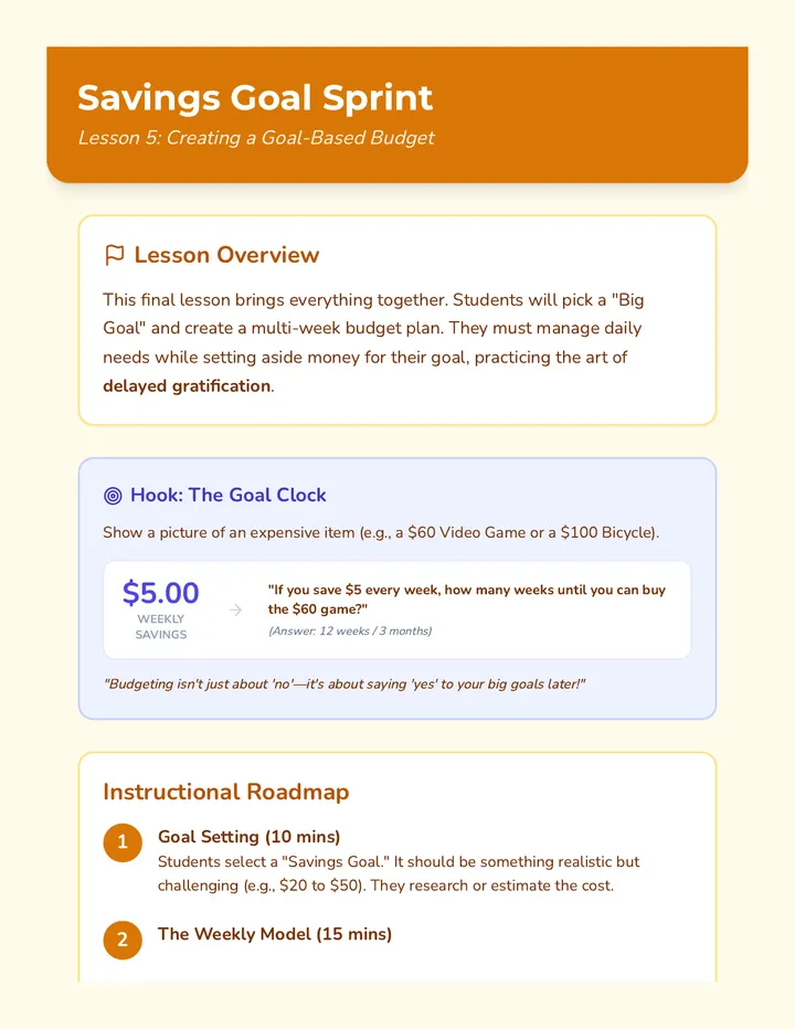 Savings Goal Sprint Teacher Guide