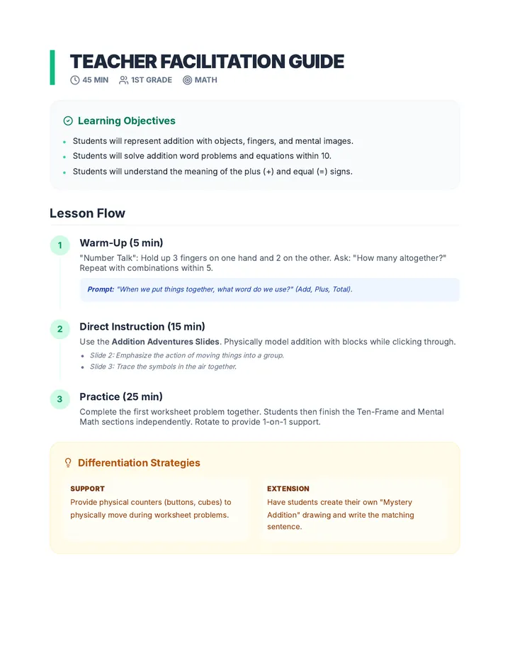 Addition Adventures Teacher Guide