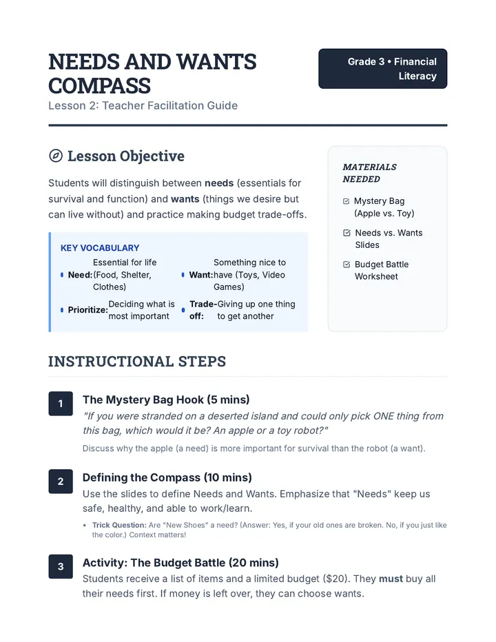 Needs and Wants Teacher Guide
