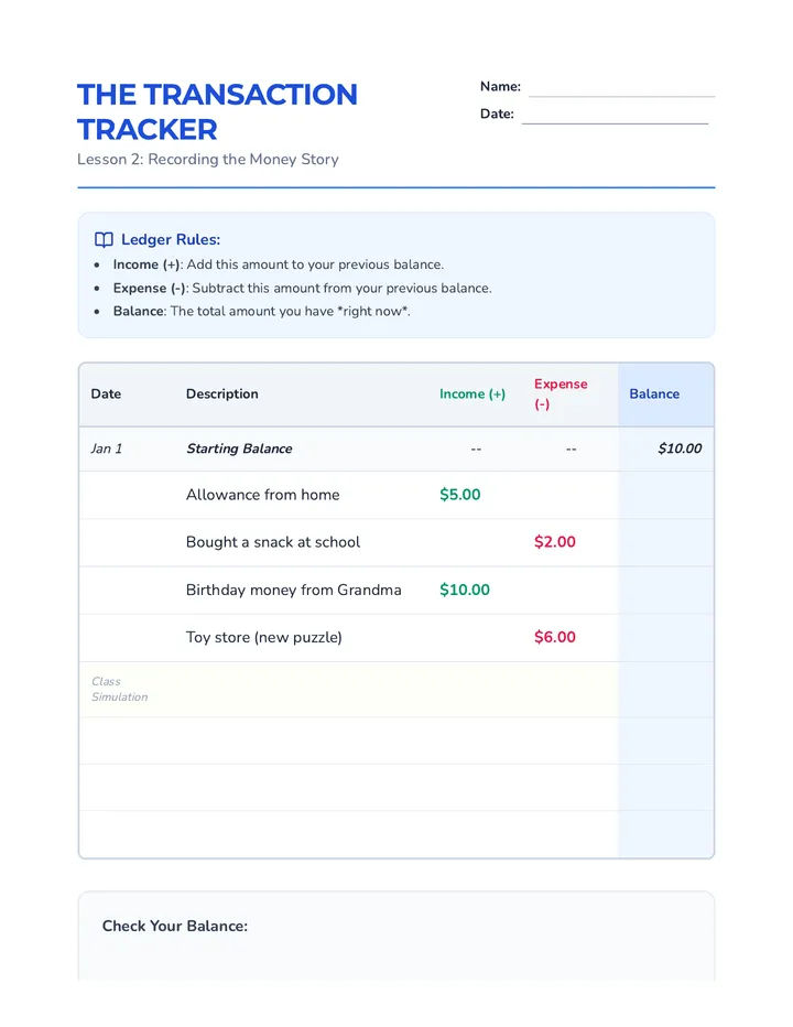 Transaction Tracker Worksheet