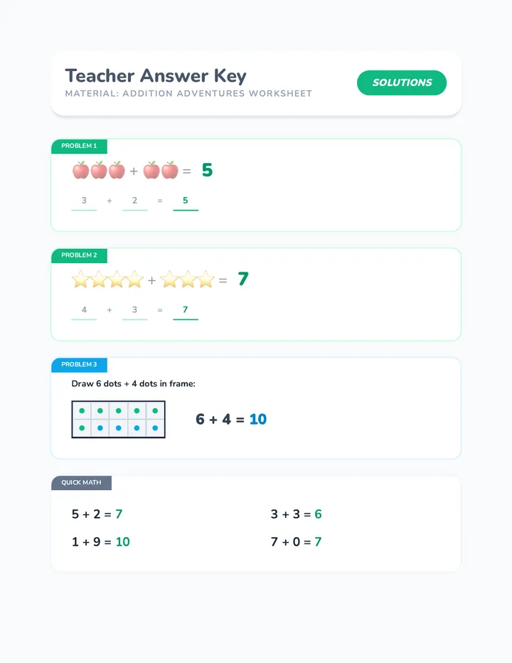 Addition Adventures Answer Key